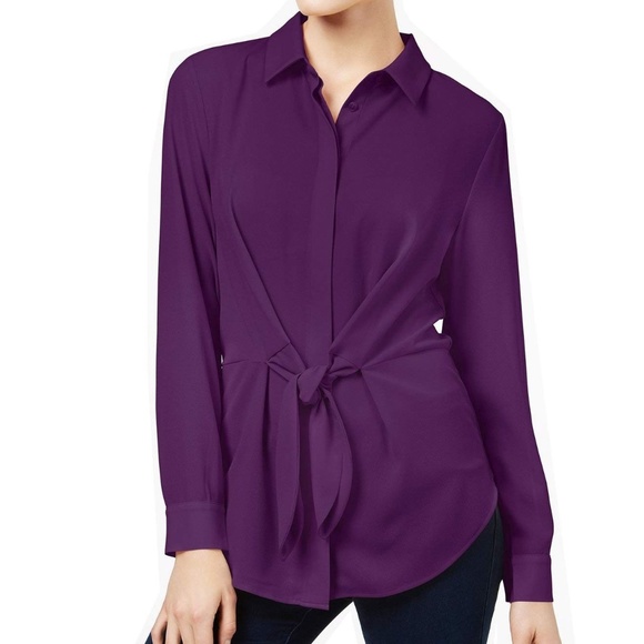 INC International Concepts Tie-Front Shirt Purple - Picture 1 of 2
